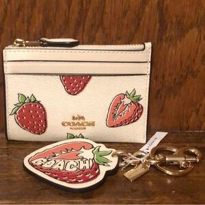 Coach White Strawberry Card Case with Gold Hardware and Strawberry Keychain